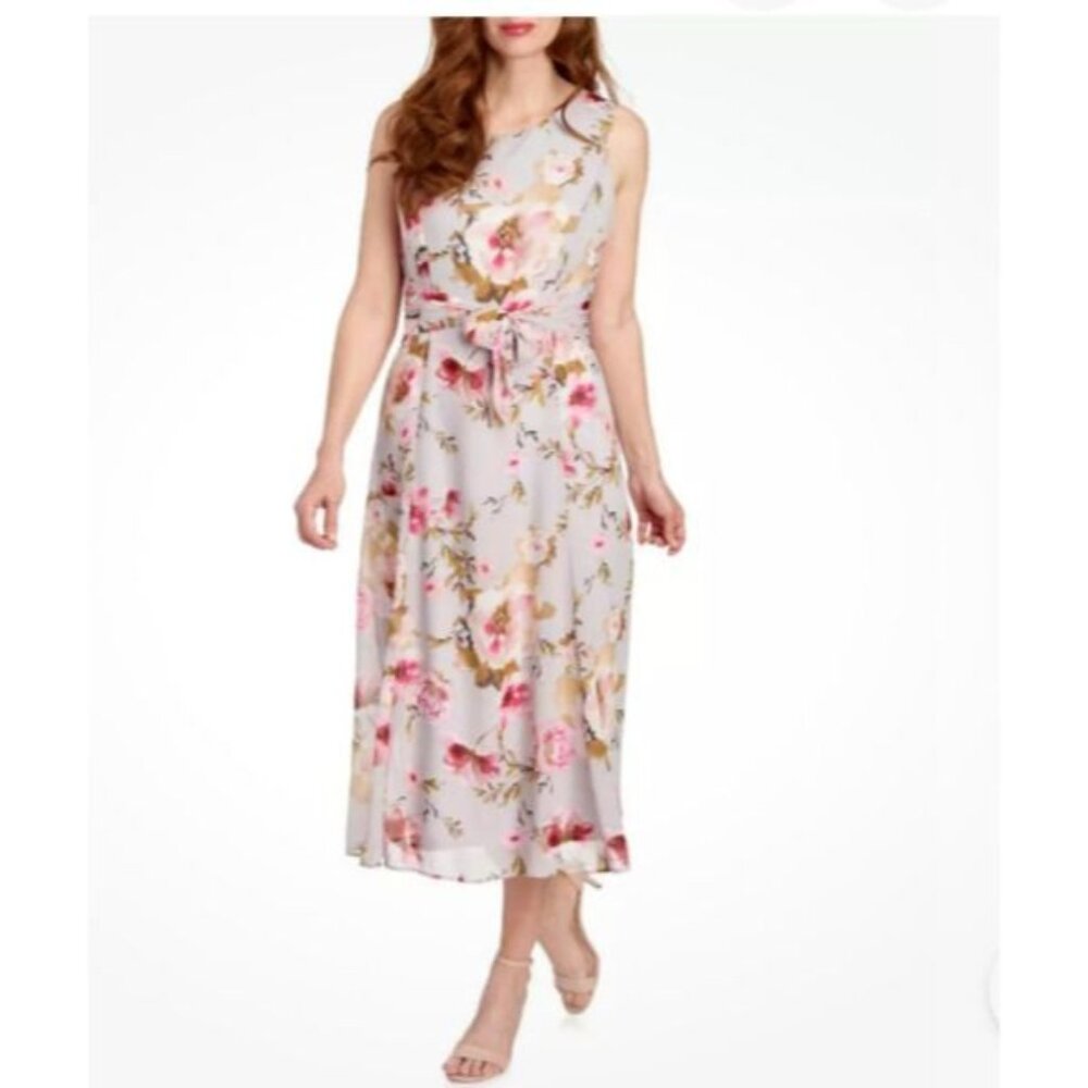 Anne Klein Midi Dress Gray Pink Floral L Large Summer Sleeveless Flowy $139 NEW